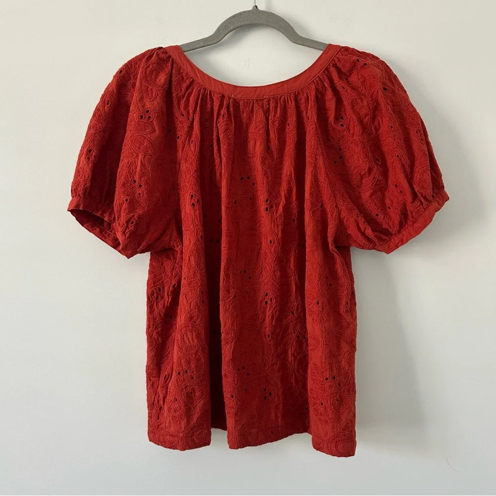 Calypso St. Barth Burnt Orange Eyelet Puffed Sleeve Button Down Cotton Blouse M - Picture 2 of 8